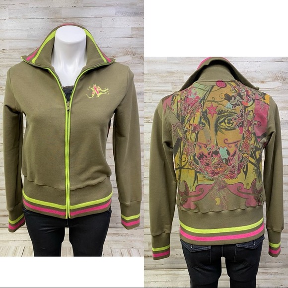 Nuvula Tops - Nuvula Sweatshirt Illustrated Graphic Womens Size M Olive Green Artsy Full Zip